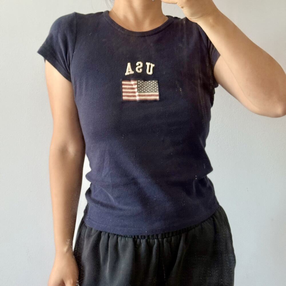 Brandy Melville John Galt USA America Flag Navy T-shirt 100% Cotton One Size Top